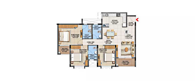 Brigade Gem Varthur - Floor plan 3 BHK 1049 Sq.ft