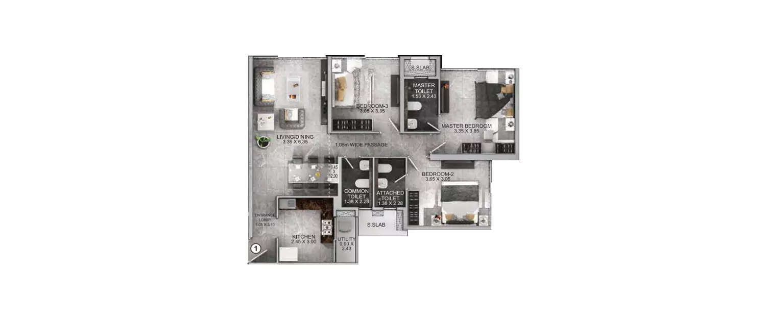 Floor plan for 3 BHK