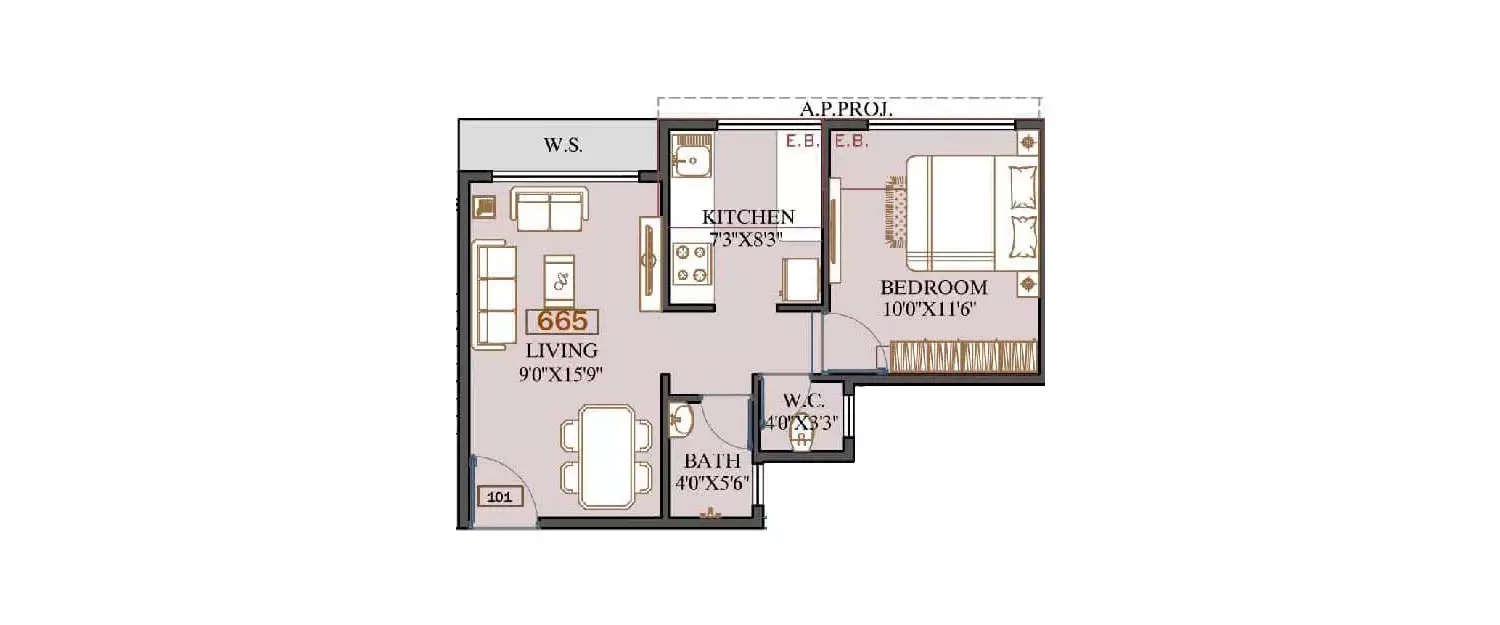 Floor plan for 1 BHK