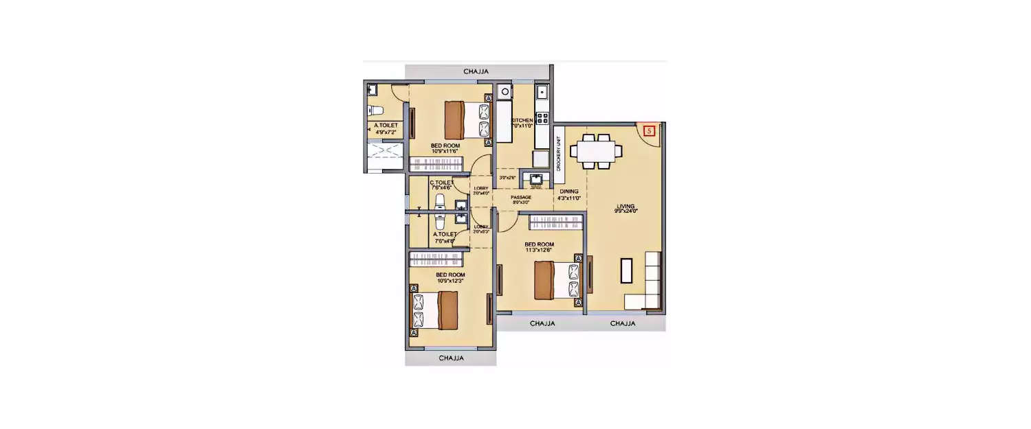 Floor plan for 3 BHK