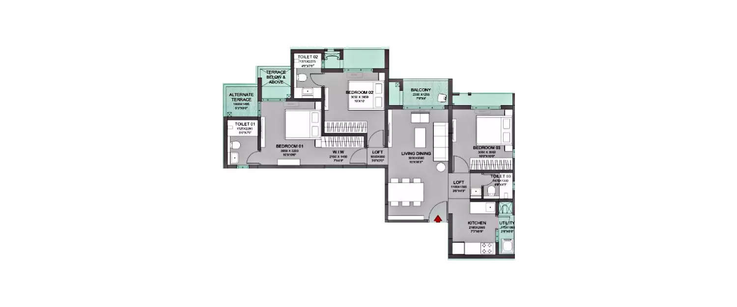 Floor plan for 3 BHK