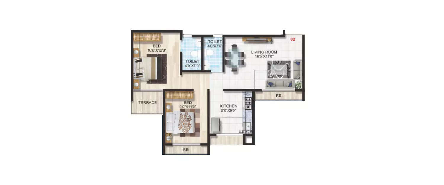 Floor plan for 2 BHK