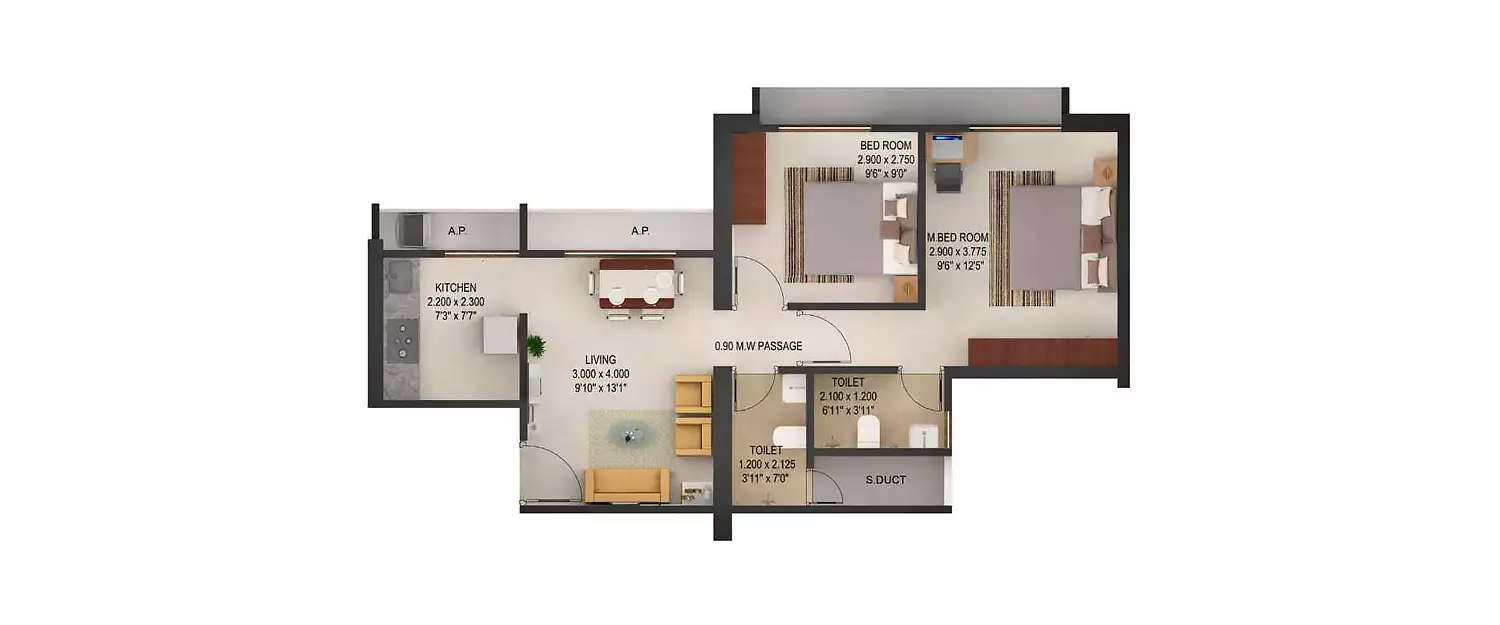 Floor plan for 2 BHK