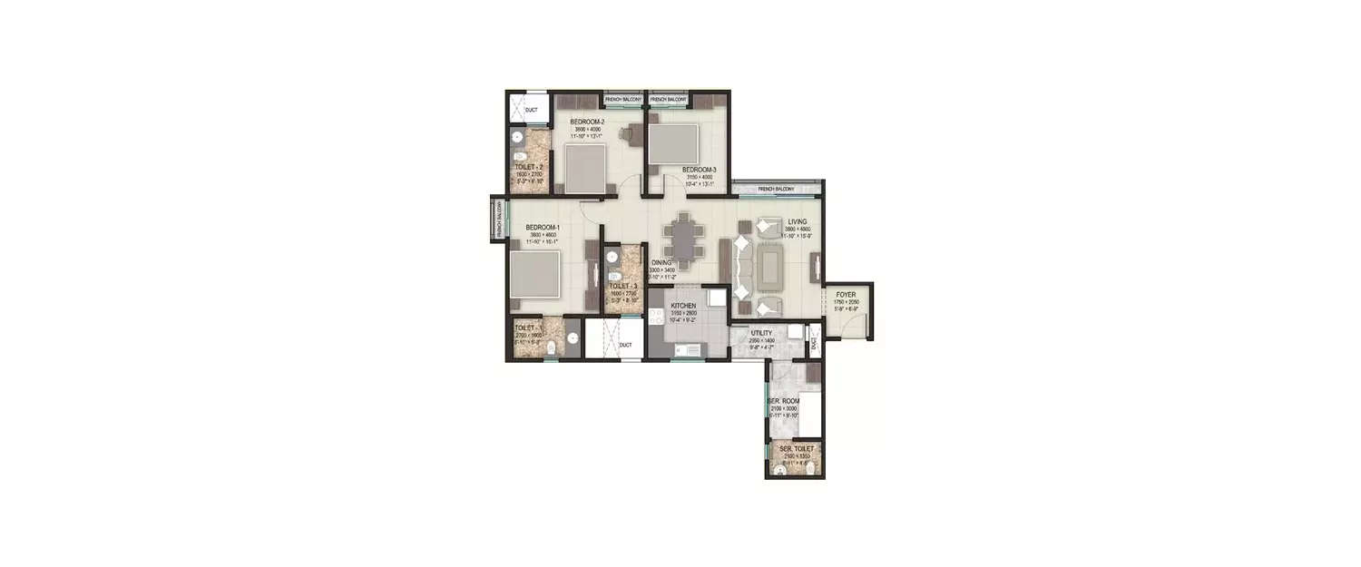Floor plan for 3 BHK