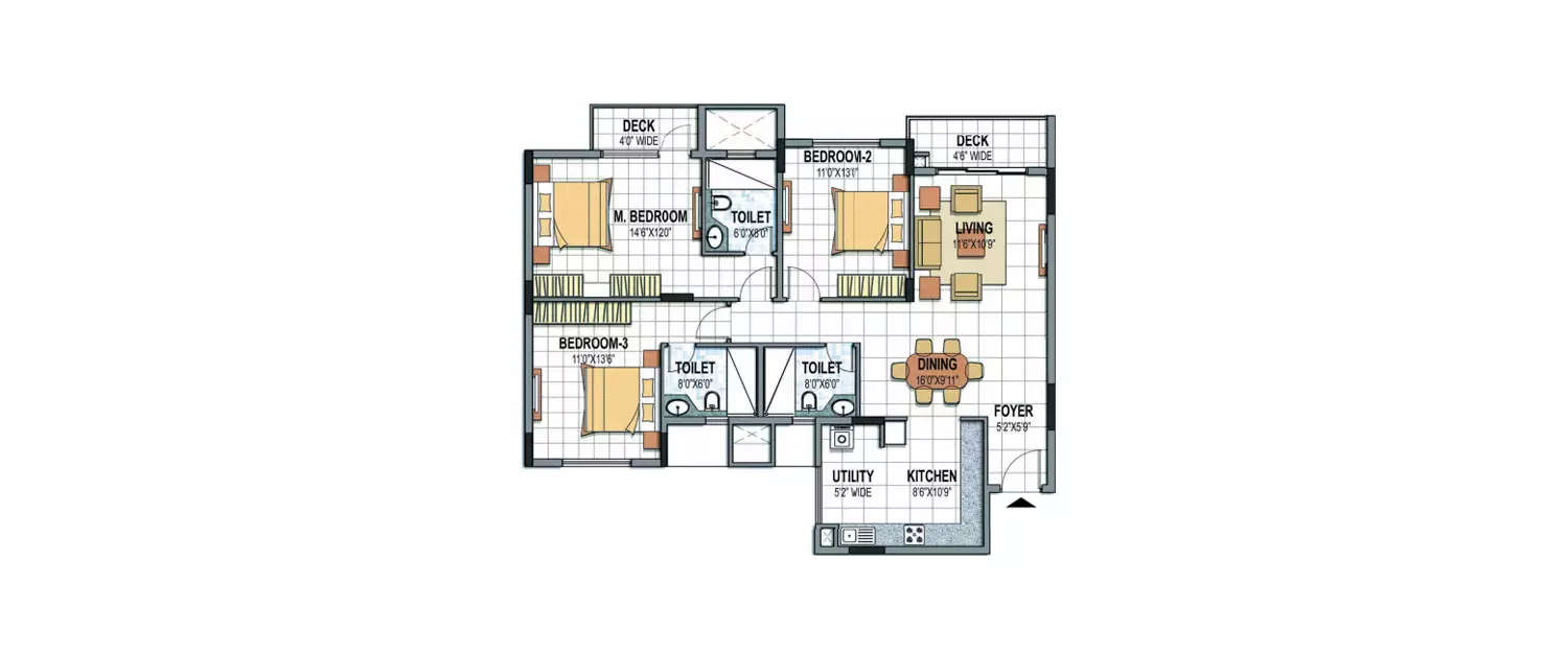 Floor plan for 3 BHK
