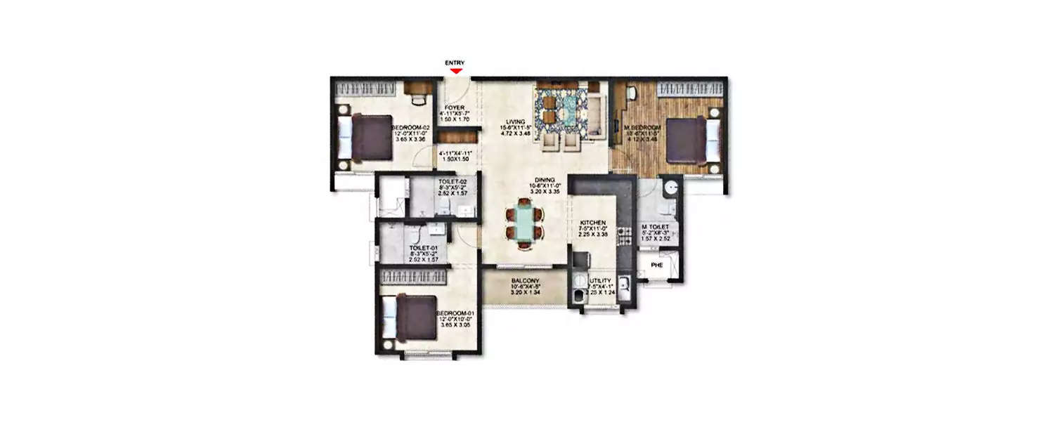 Floor plan for 3 BHK