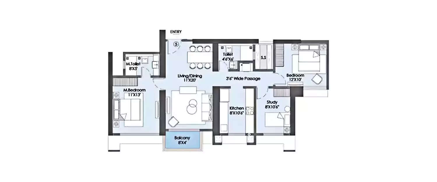 Floor plan for 3 BHK