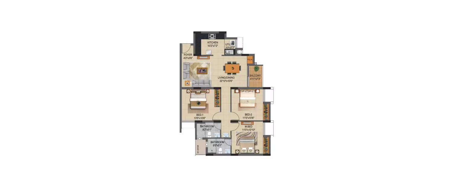 Floor plan for 3 BHK
