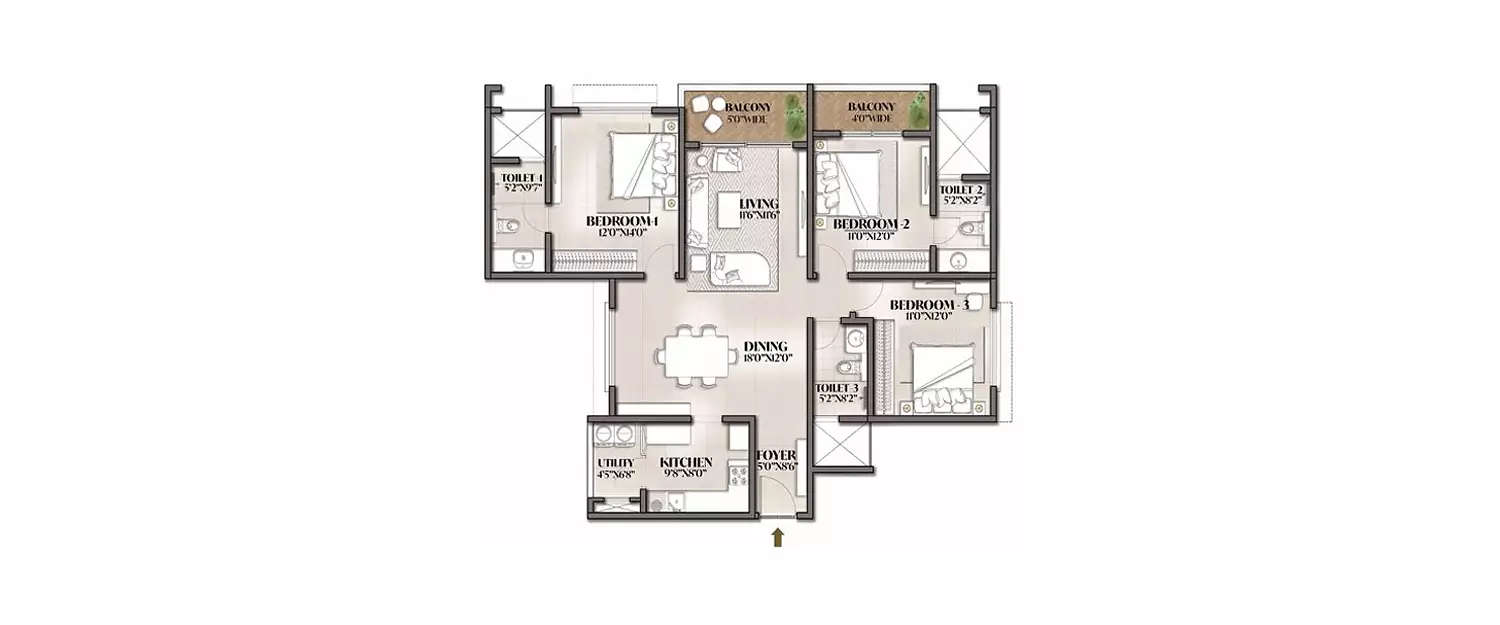 Floor plan for 3 BHK