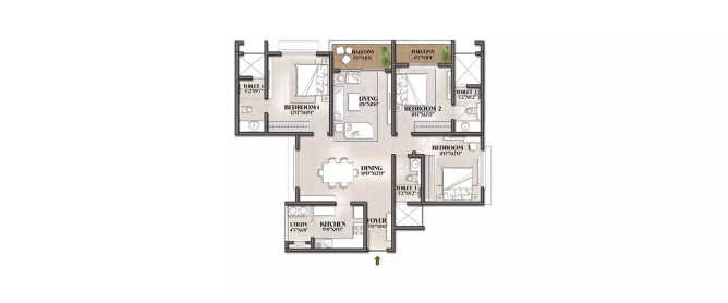 Prestige City Mulund - Floor plan 3 BHK 910 Sq.ft