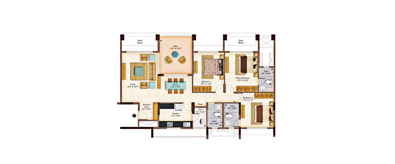 Floor plan for 3 BHK