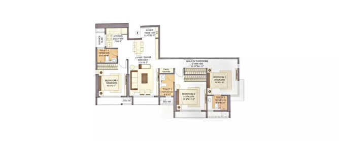 Sheth Auris Clara Malad - Floor plan 3 BHK 787 Sq.ft