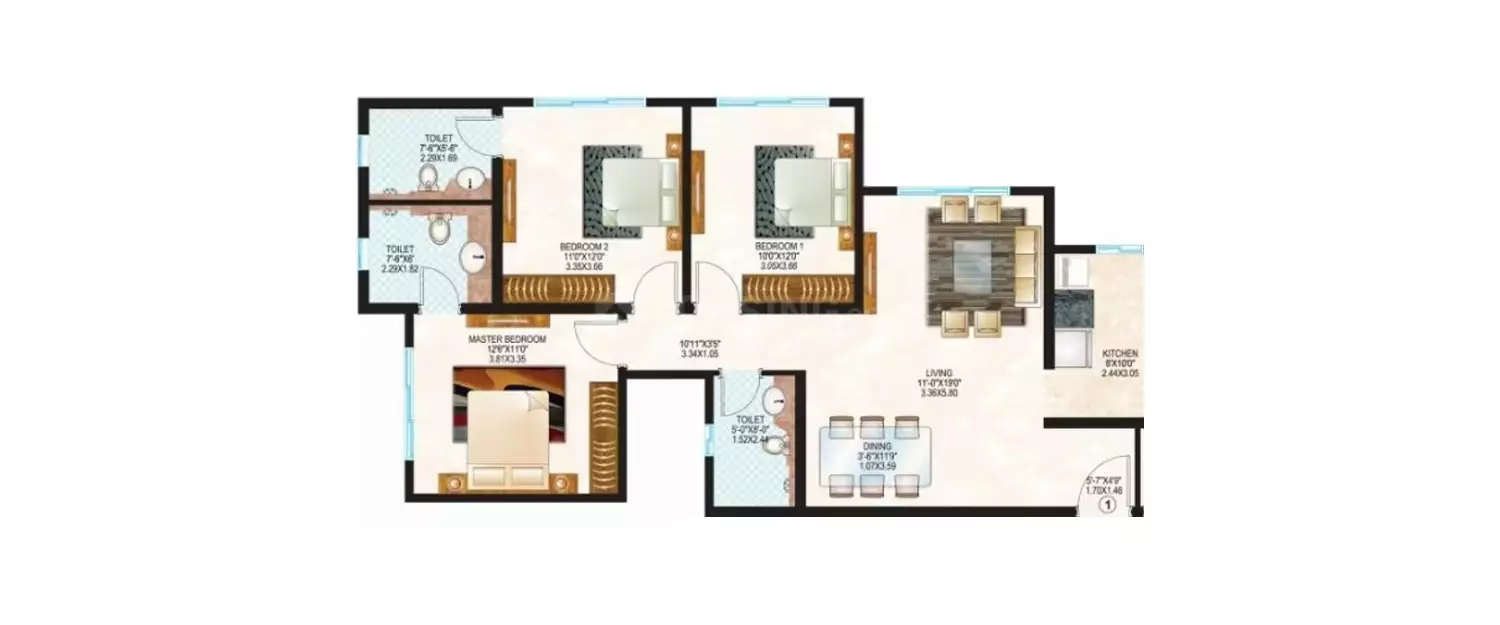 Floor plan for 3 BHK