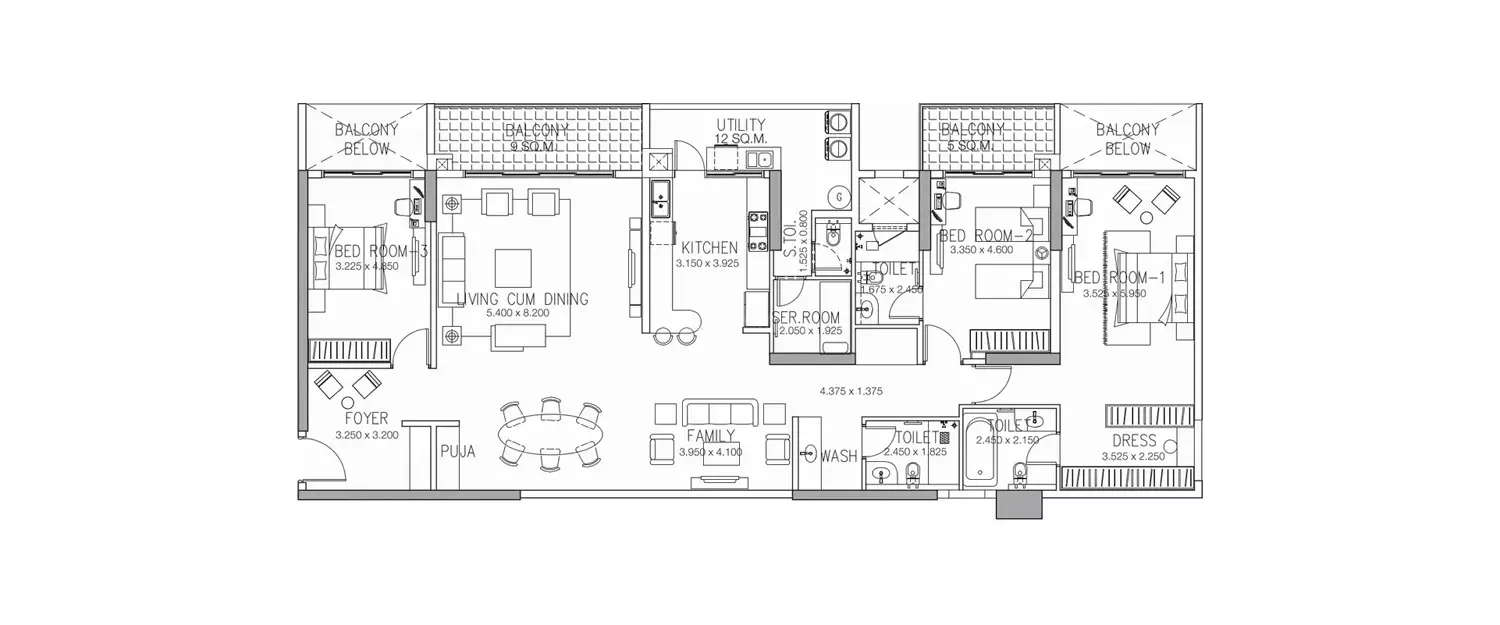 Floor plan for 3 BHK