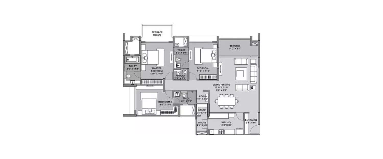 Floor plan for 3 BHK