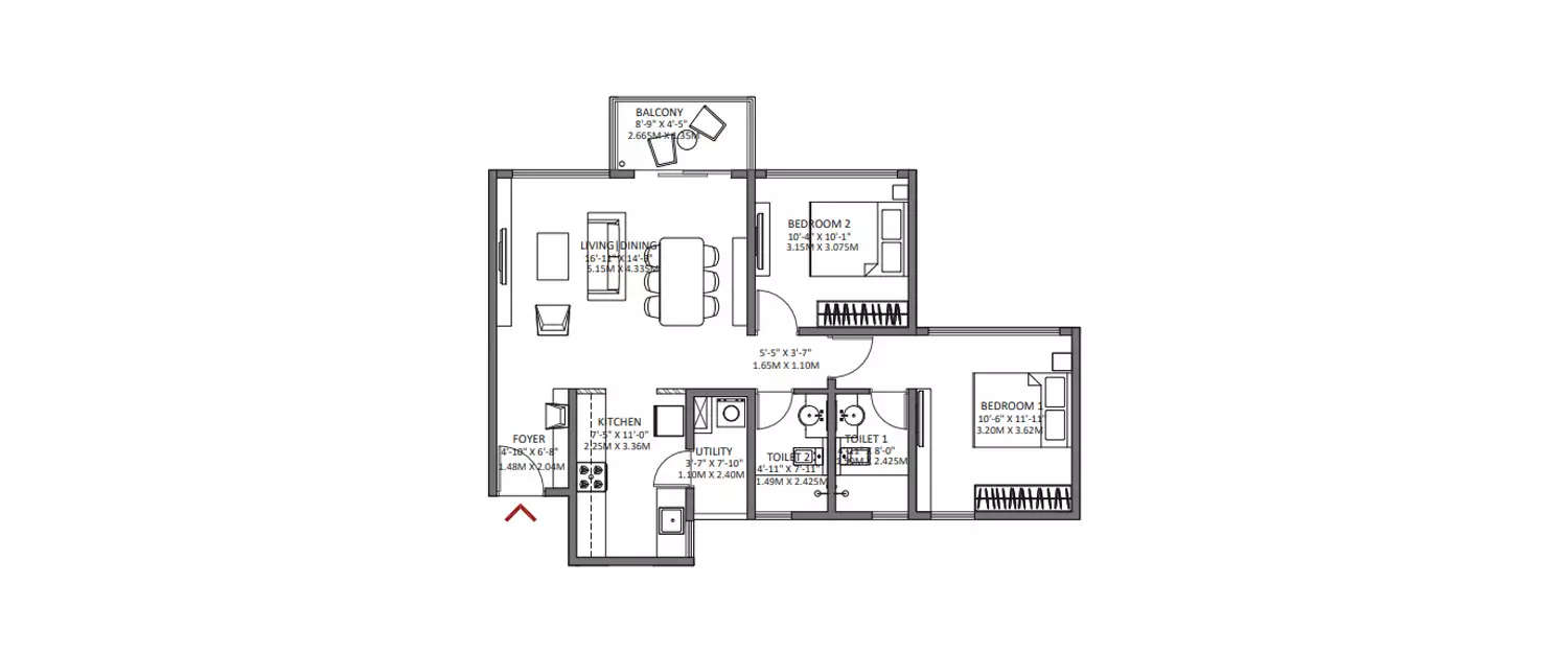 Floor plan for 2 BHK