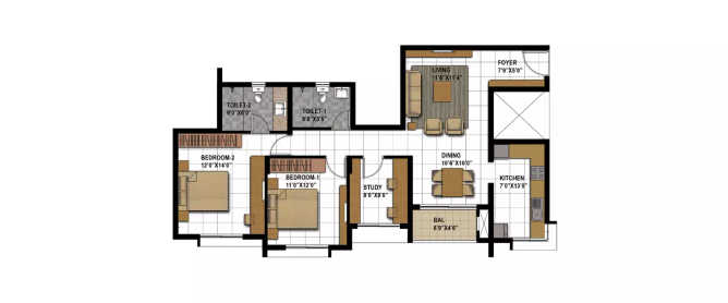 Prestige Bagamane Temple Bells Uttarahalli - Floor plan 2.5 BHK 940 Sq.ft