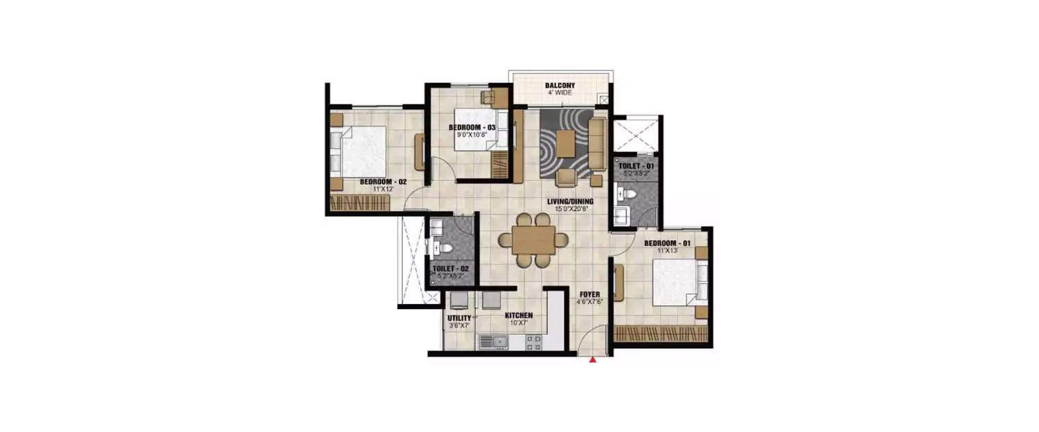 Floor plan for 3 BHK