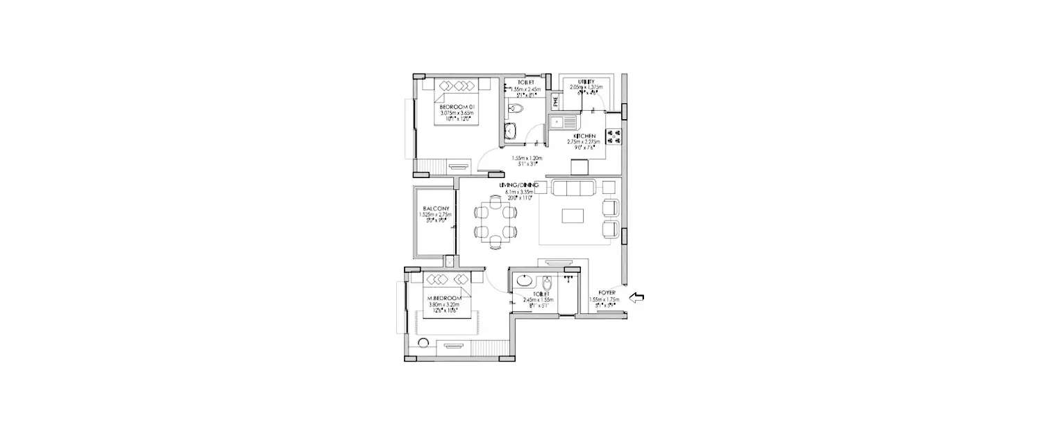 Floor plan for 2 BHK
