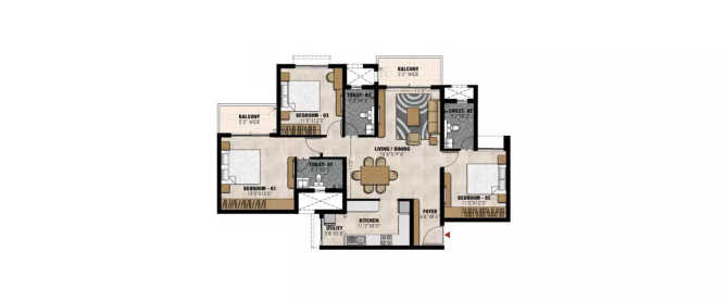 Prestige Elysian Kalena Agrahara - Floor plan 3 BHK 1069 Sq.ft
