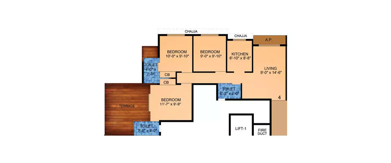 Floor plan for 3 BHK