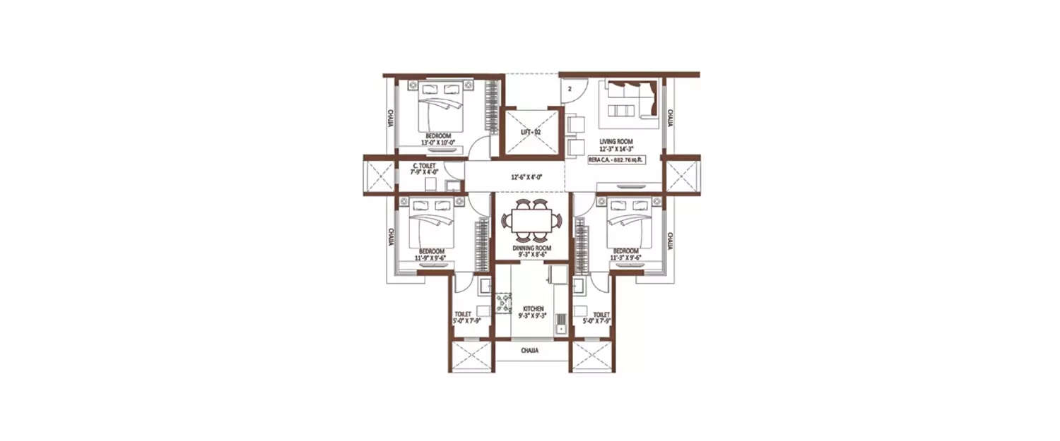 Floor plan for 3 BHK