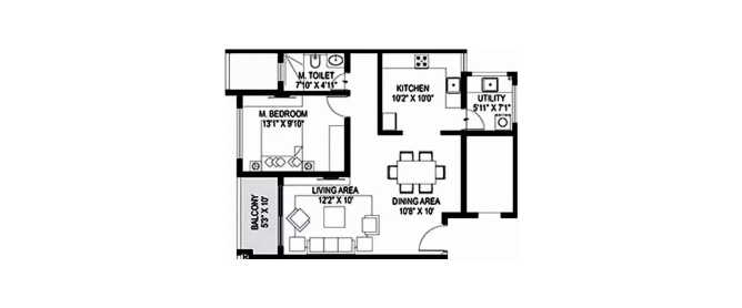 Paranjape Wind Fields Hebbal - Floor plan 1 BHK 607 Sq.ft