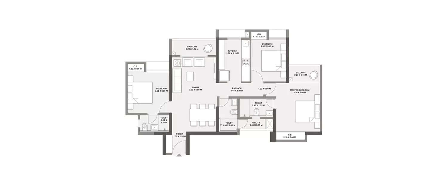 Floor plan for 3 BHK