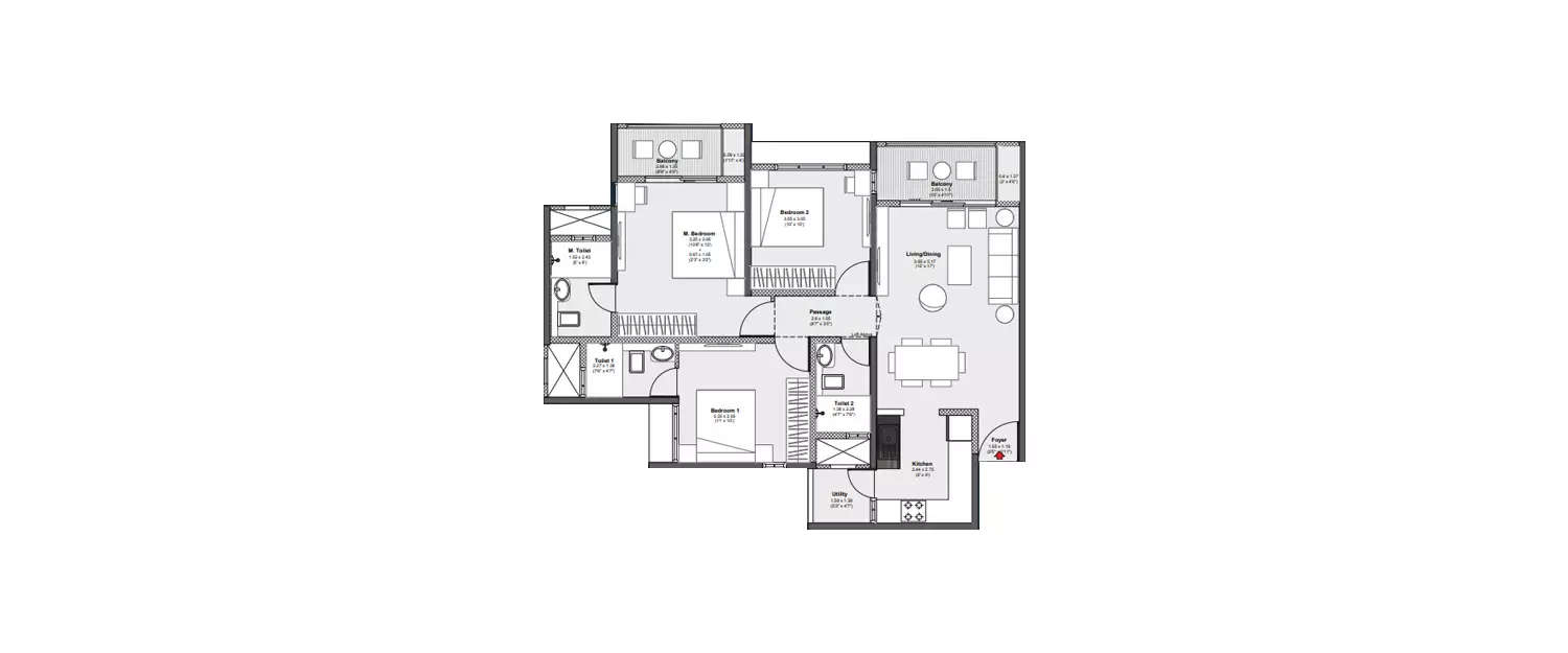 Floor plan for 3 BHK