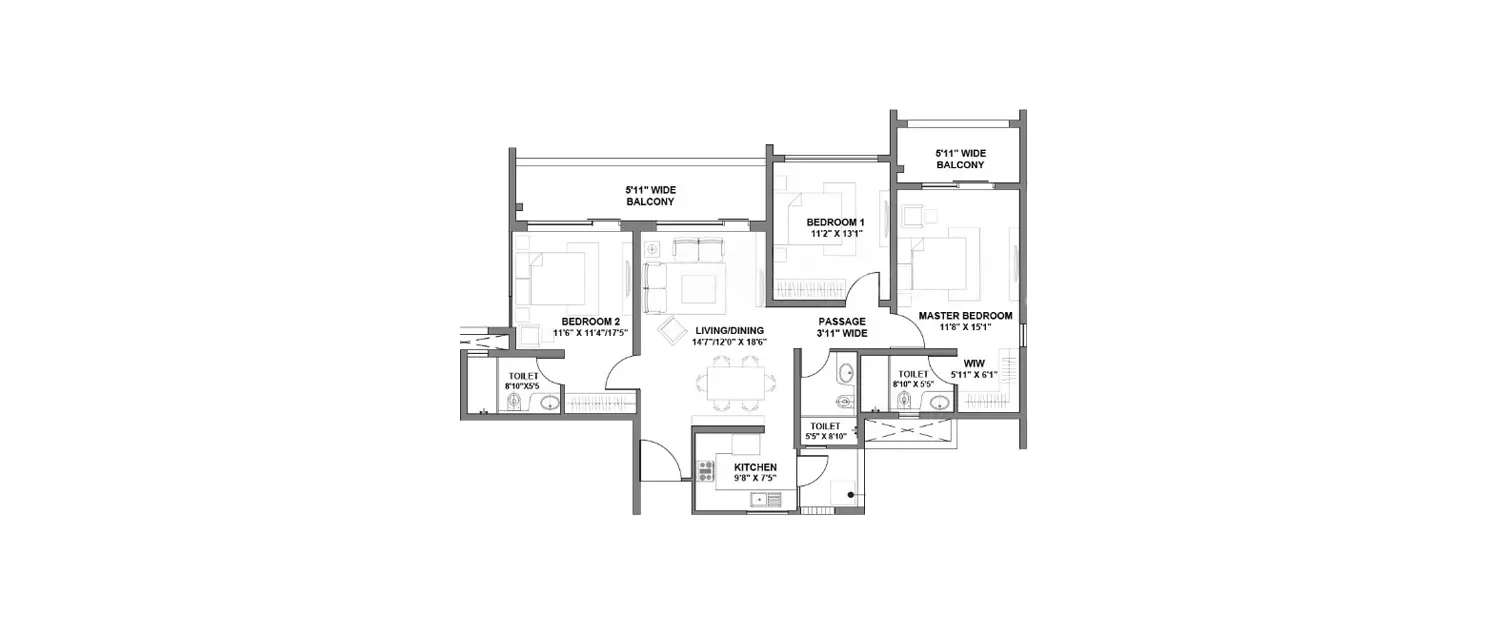 Floor plan for 3 BHK