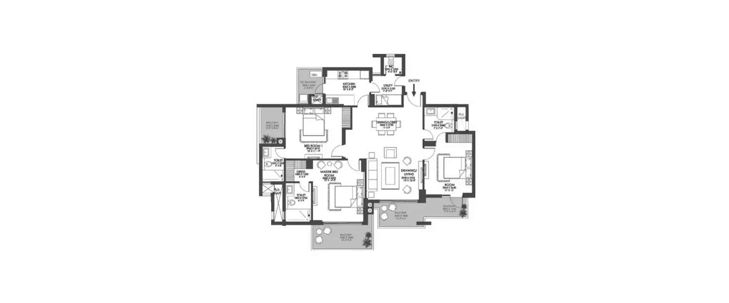 Floor plan for 3 BHK