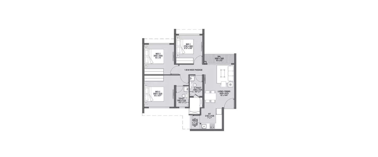 Floor plan for 3 BHK