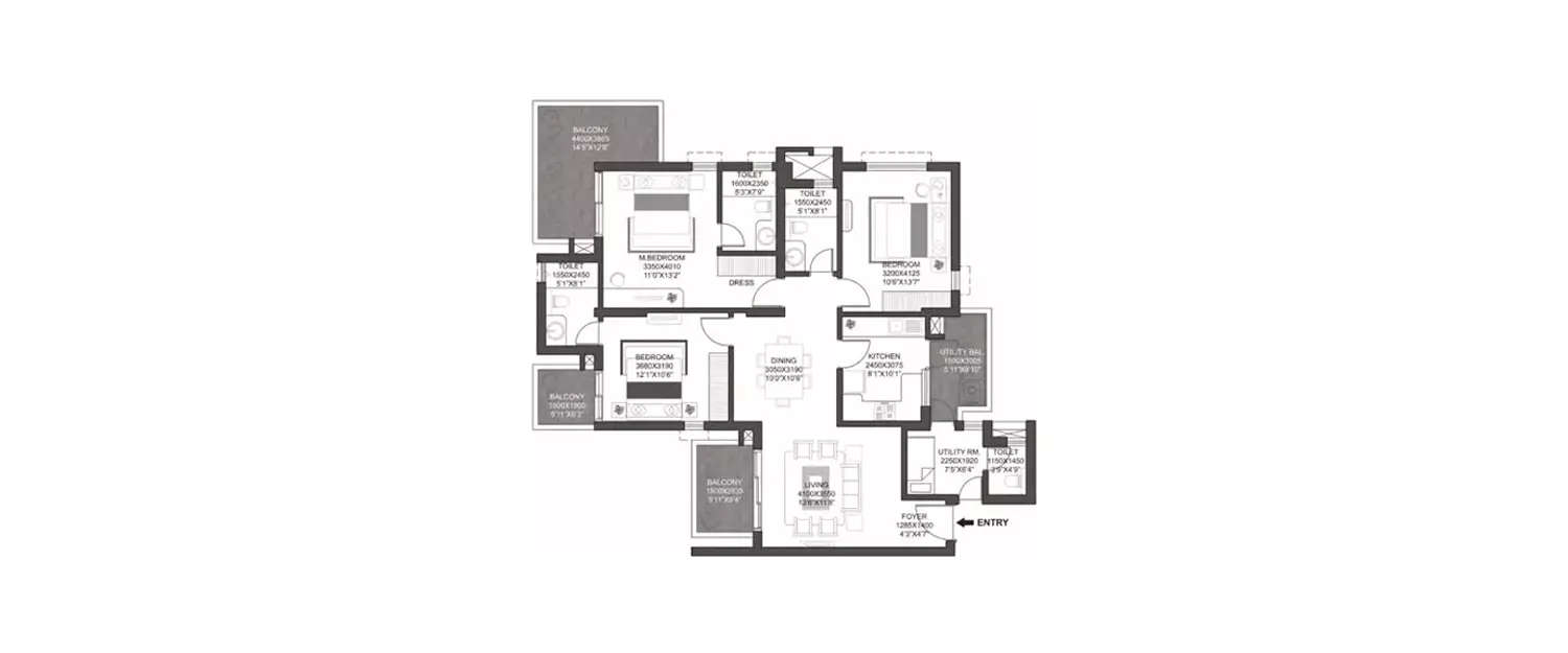 Floor plan for 3 BHK
