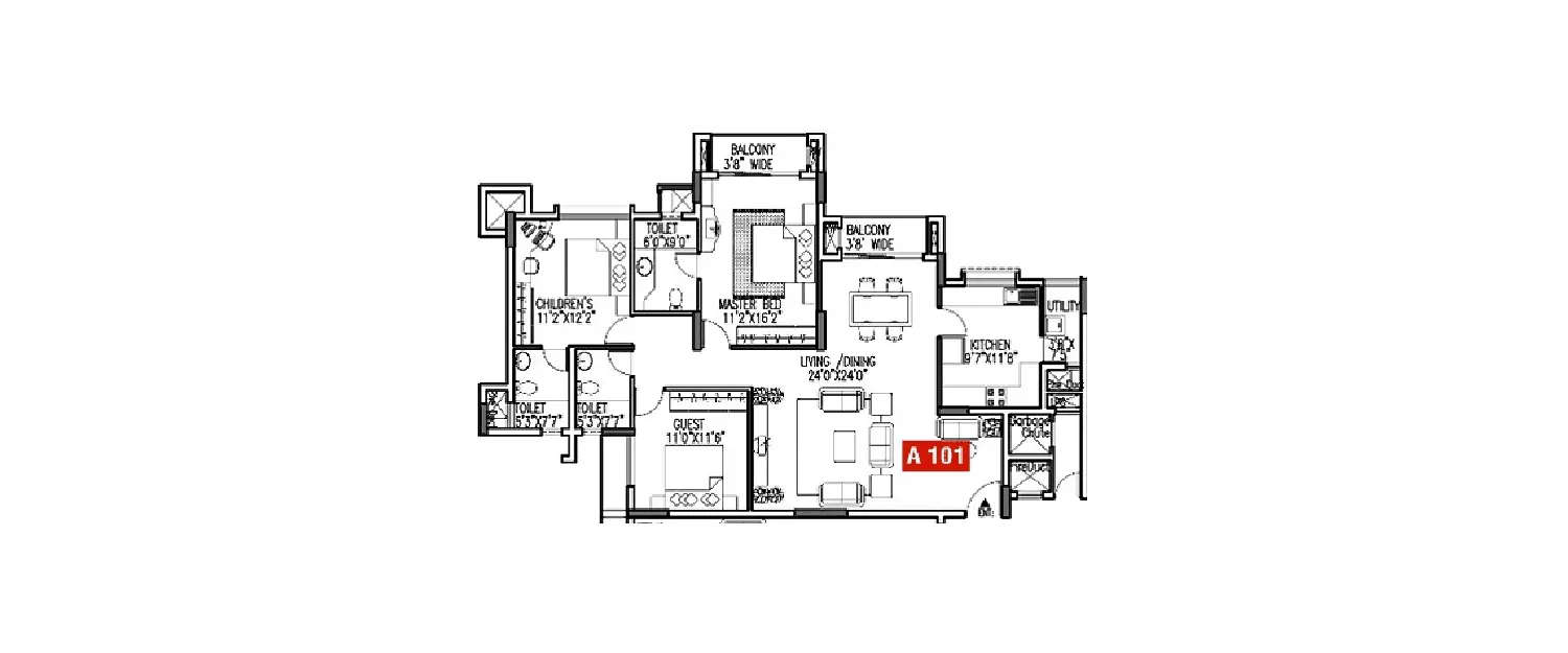 Floor plan for 3 BHK