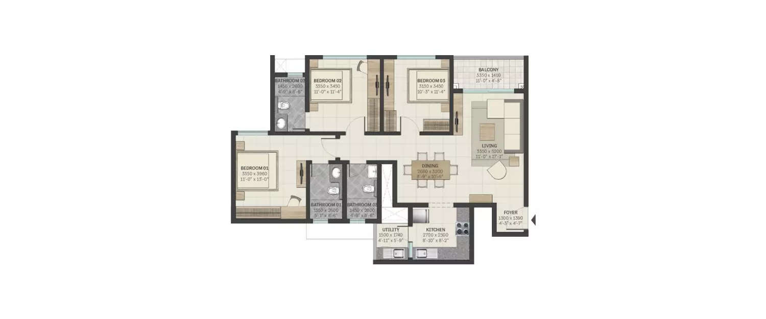 Floor plan for 3 BHK