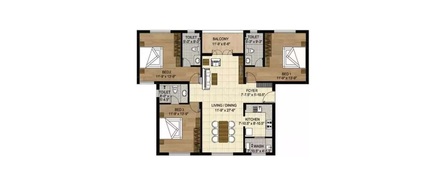 Floor plan for 3 BHK