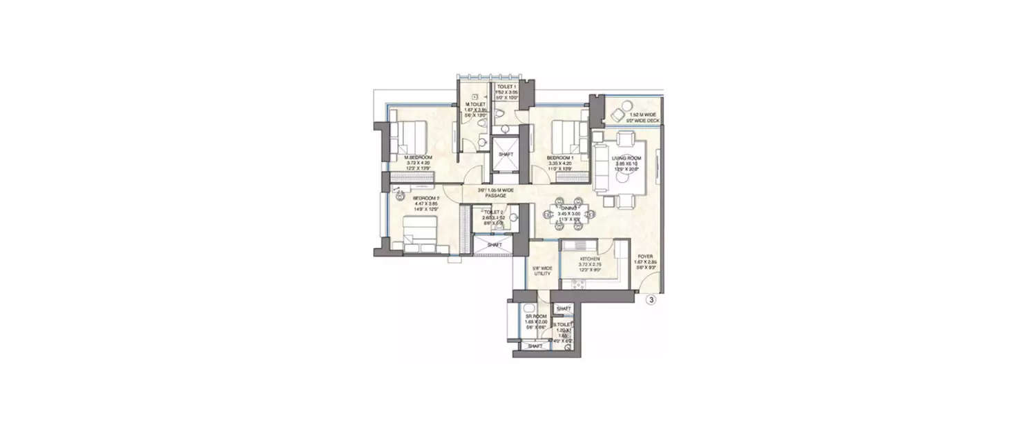 Floor plan for 3 BHK