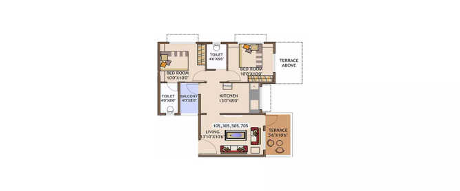 Wadhwa Rhodesia Bhiwandi - Floor plan 2 BHK 1270 Sq.ft