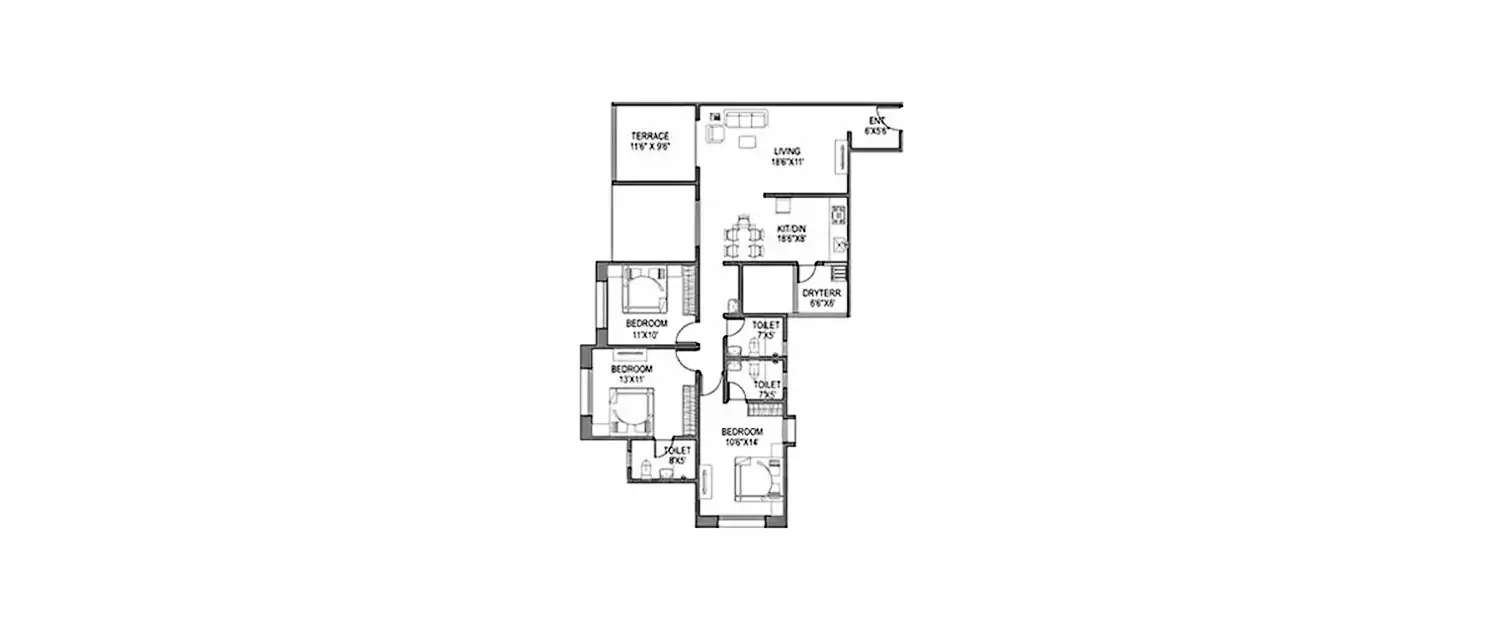 Floor plan for 3 BHK