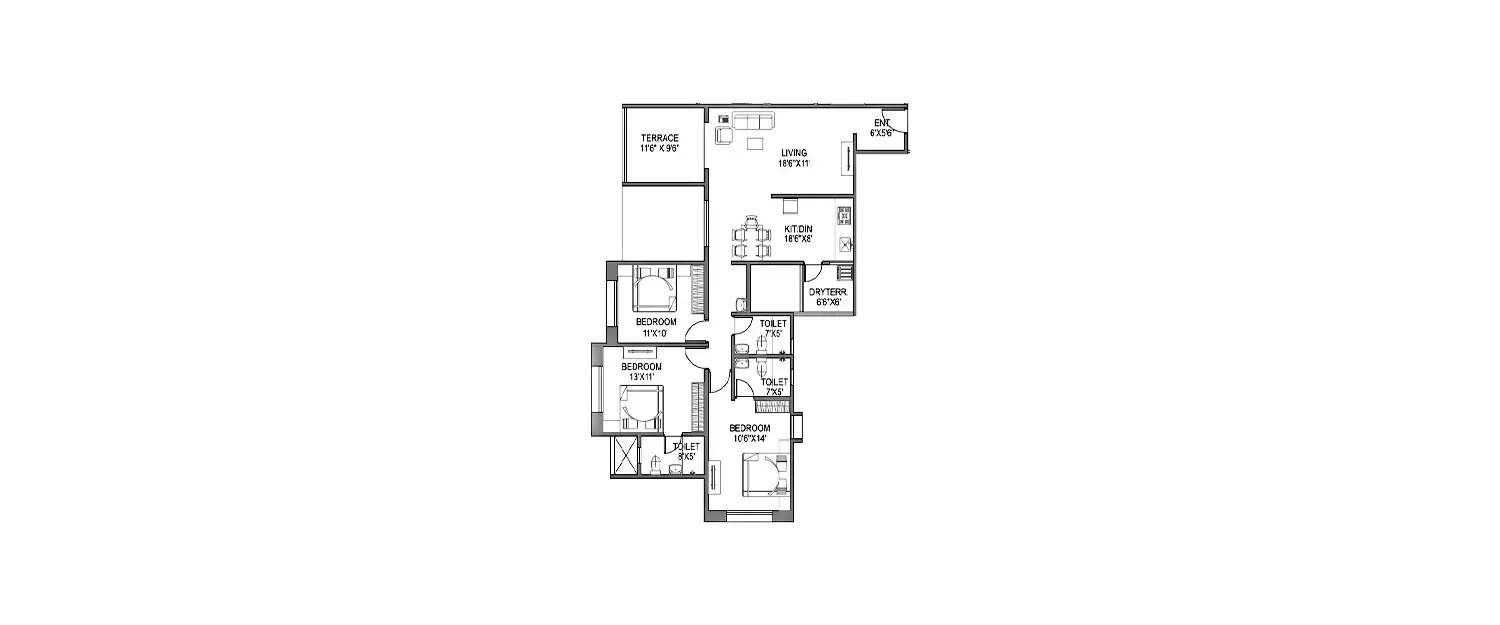 Floor plan for 3 BHK