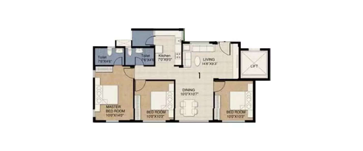 Floor plan for 3 BHK