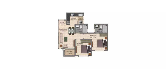 Provident Park One Mallasandra - Floor plan 2 BHK 880 Sq.ft