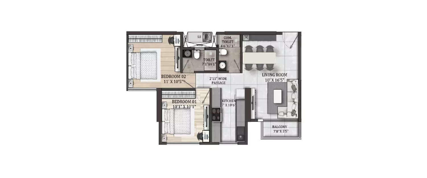 Floor plan for 2 BHK