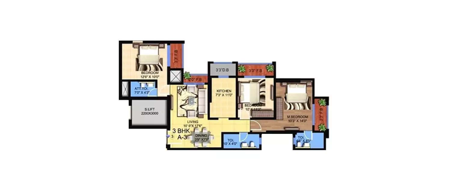 Floor plan for 3 BHK