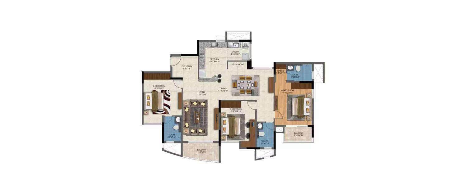 Floor plan for 3 BHK