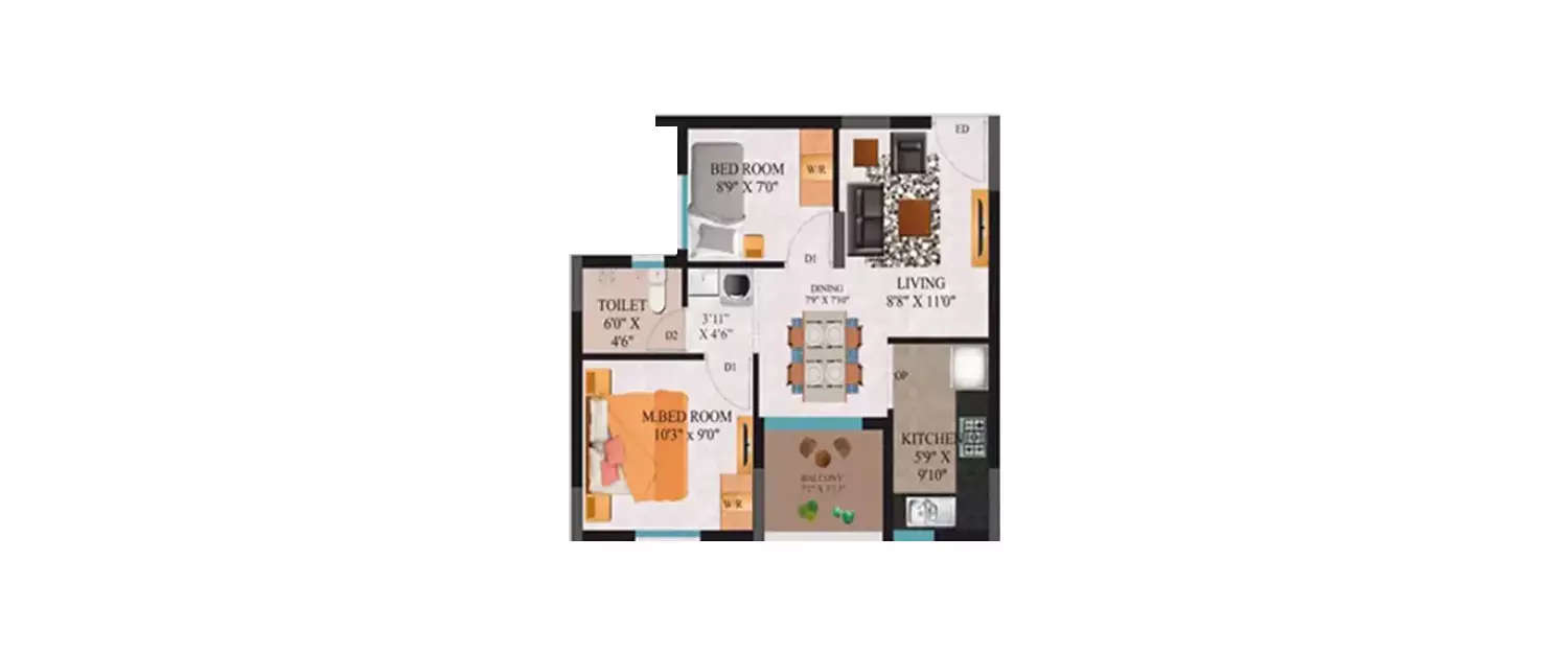 Floor plan for 2 BHK