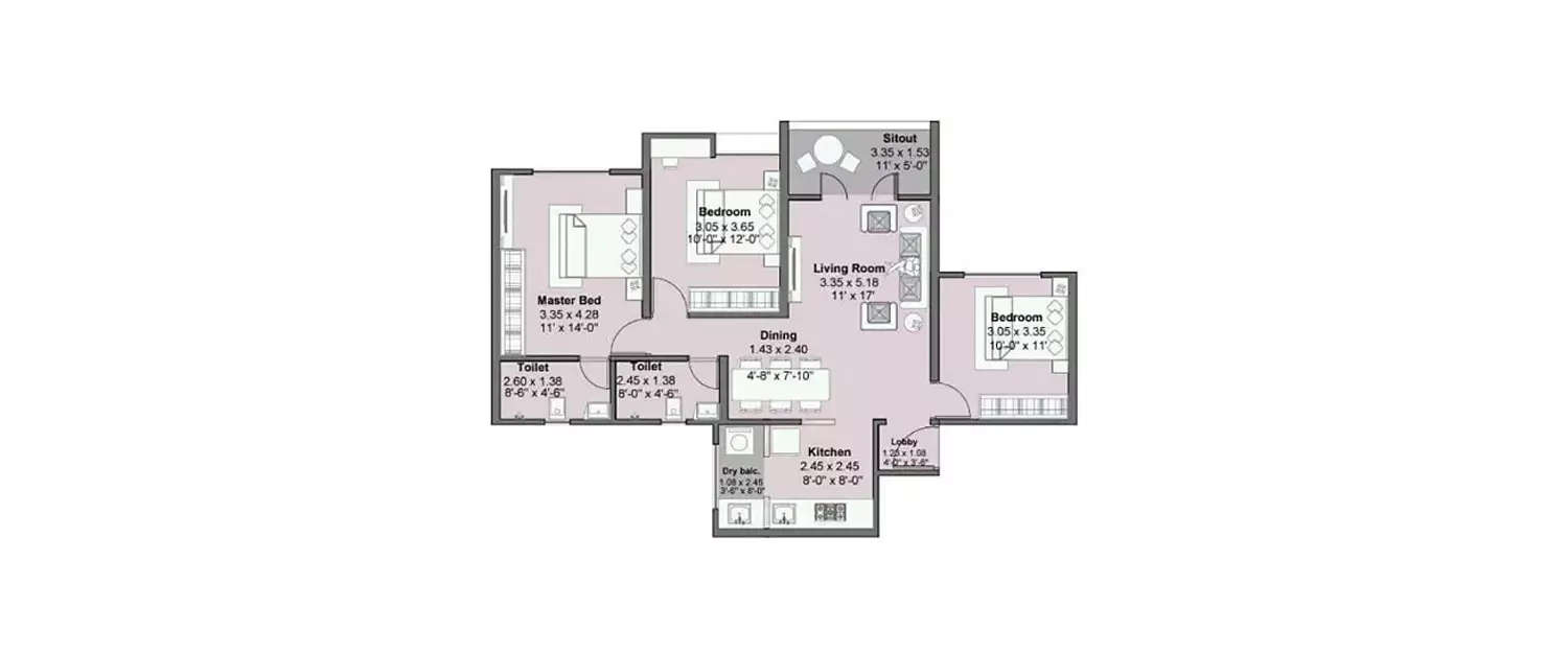 Floor plan for 3 BHK