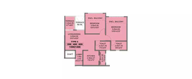 Kohinoor Coral Hinjewadi - Floor plan 2 BHK 517 Sq.ft