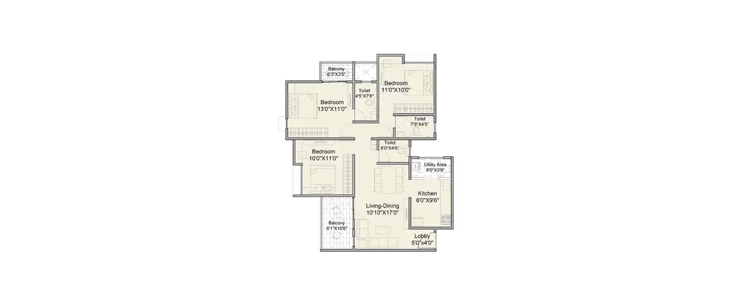 Floor plan for 3 BHK