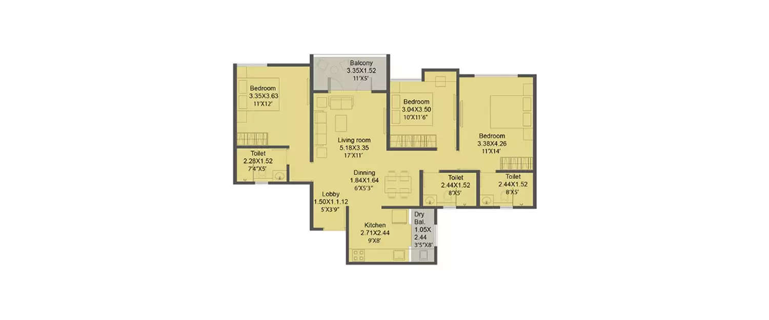 Floor plan for 3 BHK